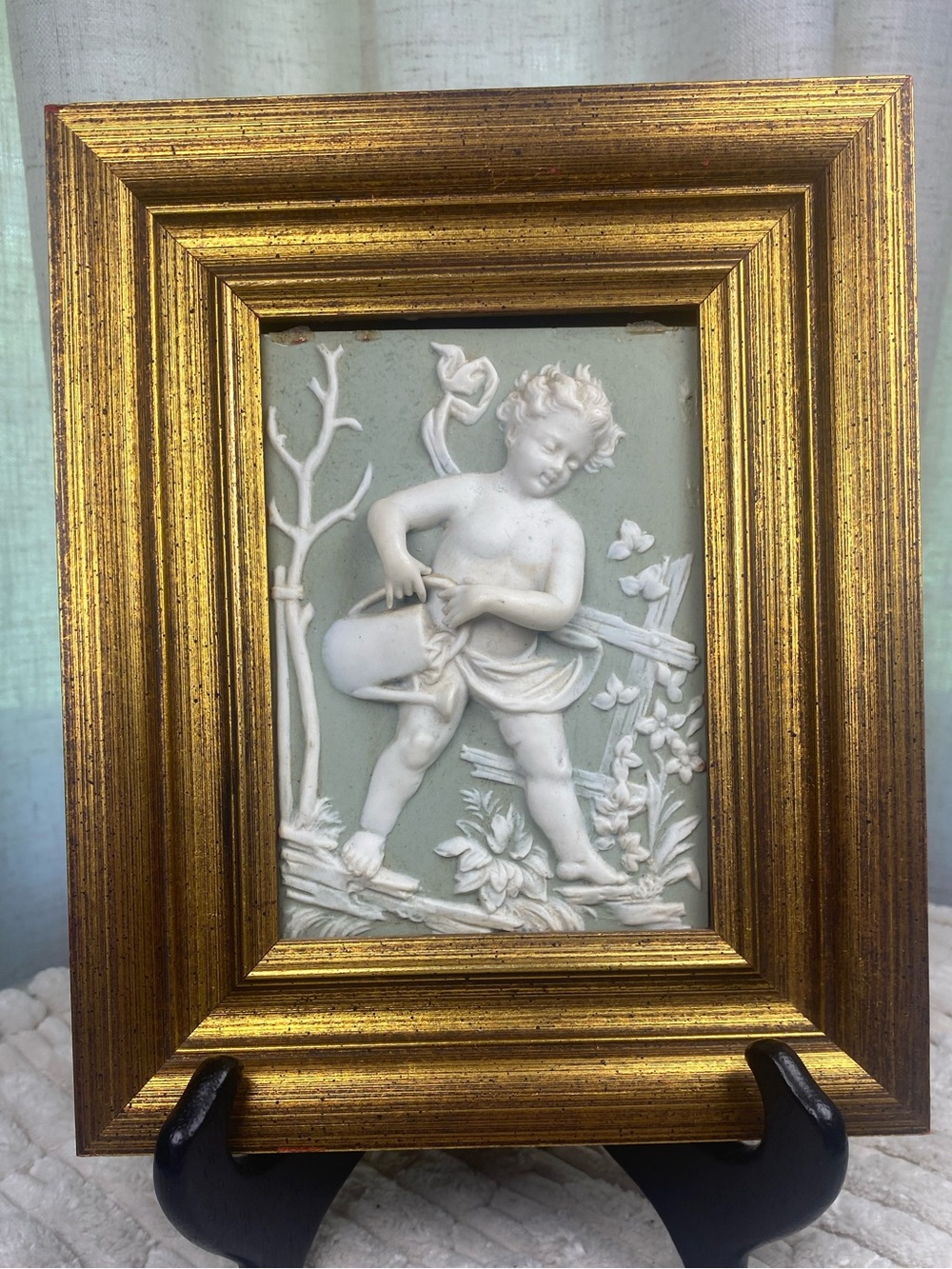 Vintage Arnart Green Jasperware Cherub 3D Relief Plaque Gold Framed Wall Art